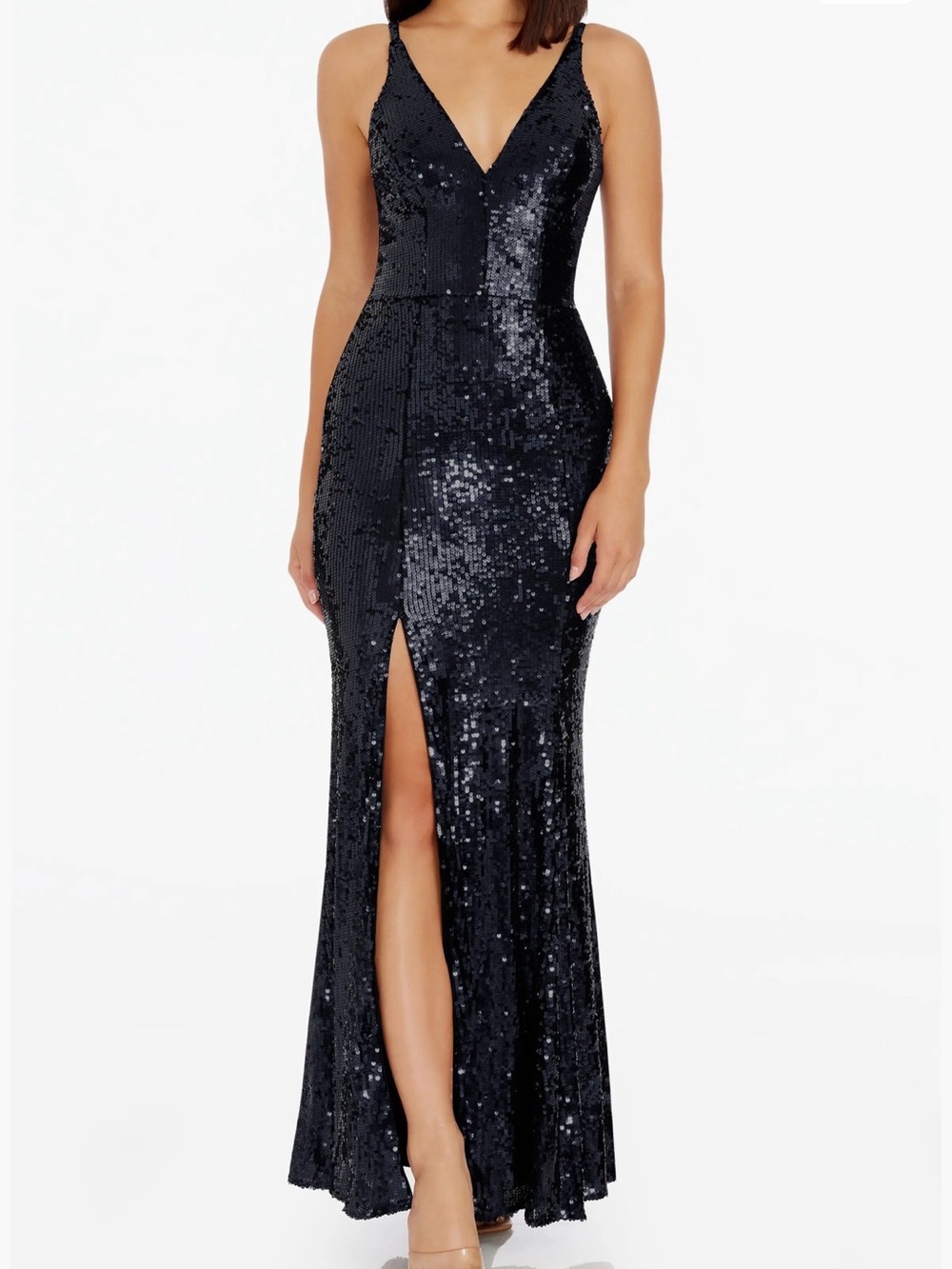 B Darlin Black Sequin V-Neck Maxi Dress with Front Slit